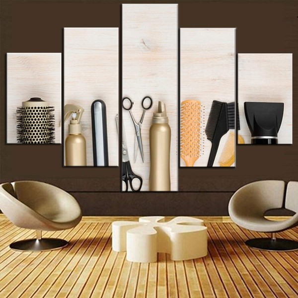 Wall Art for Living Room Barber Salon Pictures Hairdressing Accessories Paintings 5 Panel Prints Canvas Hair Clippers Artwork House Decor Wooden Framed Gallery-Wrapped Ready to Hang(60''W x 40''H)