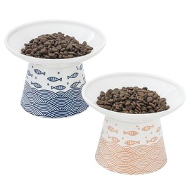 FIVEAGE 6.25 Inch Extra Wide Ceramic Raised Cat Bowl, Elevated Cat Food and Water Bowls, Large Shallow Pet Feeding Dishes for Elder Big Cats, Small Dogs, Whisker Friendly, 2 Pack(Blue&Orange)