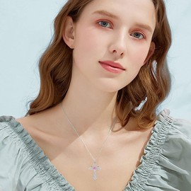 BELRYO Angel Wings Pendant Necklace for Women 925 Sterling Silver Cross Necklace with Cubic Zirconia Heart Jewelry Gifts for Birthday Christmas October Birthstone Tourmaline Color
