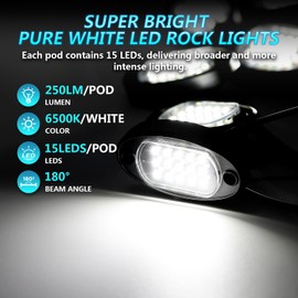 12Piece Bright 6500K Pure White LED Rock Lights Kit with Wiring Harness Power Kill Switch, 15EDs Neon Underglow Lights 36watt 12V Waterproof Fender Light for Trucks Jeep Trailer Off Road ATV UTV SXS