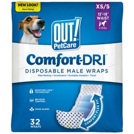 OUT! PetCare Disposable Dog Diapers Male, Puppy Belly Band, Potty Training, Doggie Diapers, Belly Bands for Male Dogs, Puppy Training, Incontinence, (XS/S, 32ct)