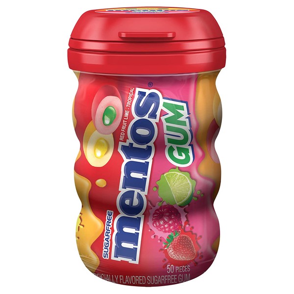 Mentos Sugar-Free Chewing Gum, Red Fruit Lime, Non Melting, 50 Piece Bottle