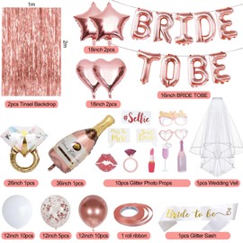 Bachelorette Party Supplies, Rose Gold Bride To Be Decorations with Veil, Sash, Tinsel Backdrop, Foil Balloons for Bridal Shower Decorations