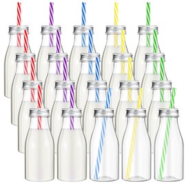 Yinkin 20 Set Plastic Milk Bottles with Straws & Metal Lids Clear Plastic Bottle for Dairy Milk, Party Bottle for Milk Juices Shakes Smoothies, 20 Bottles 20 Straws (Summer Color,)