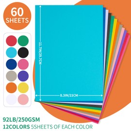 Coloured Cardstock - 60 Sheets 12 Colours Colour Cardstock A4 Size Card Stock Paper 250gsm/92lb Heavy Weight Cardstock for Printer, Card Making, DIY Crafts, Scrapbooking PAC06MX1