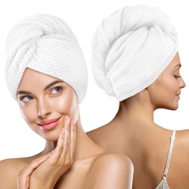 MaopaoBeauty 2 Pack Microfiber Hair Towel Wrap for Women, Hair Drying Towel with Button, Towel Turban,Head Towel to Dry Hair Quickly Lint Free, White