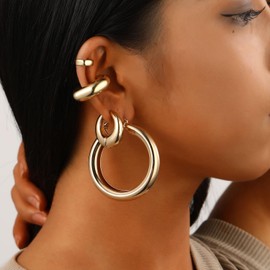 Chunky Hoop Earrings Set for Women Bold Thick Circle Design Gold Plated Statement Fashion Jewelry for Daily Wear Party Gift (Gold)