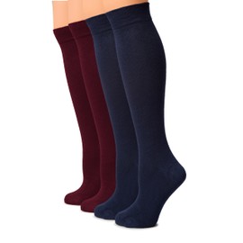 Hugh Ugoli Women Cotton Knee High Socks, Long Dress School Uniform Socks for Girls, Soft & Lightweight Boot Socks, Shoe Size: 8-11, Navy Blue/Burgundy, 4 Pairs