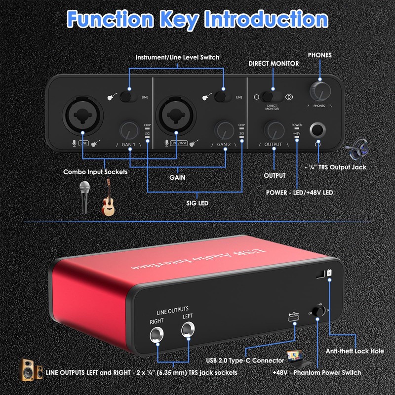 2i2 USB Audio Interface – 24Bit/192kHz Studio Recording, 48V Phantom