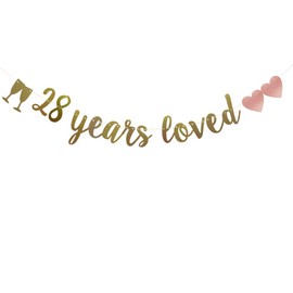 28 Years Loved Banner, Pre-Strung, Gold Glitter Paper Garlands for 28th Birthday/Wedding Anniversary Party Decorations Supplies, No Assembly Required,Gold,SUNbetterland
