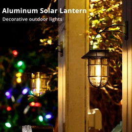Solar Lantern Outdoor Hanging Solar Lights, Waterproof Metal Outdoor Lights with Clear Glass, LED Decorative Aluminum Wall Lantern with Hooks, Bronze