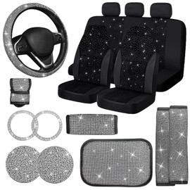 Jusen 17 Pack Bling Car Seat Covers Set Car Diamond Accessories Rhinestone Crystal Steering Wheel Cover, Bling Velvet Breathable (White, All Part Bling)