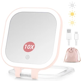 DESCHEN Rechargeable Travel Makeup Vanity Mirror with Lights and Magnification, Portable 1X/10X Magnifying Mirror with 3 Color Light, Lighted Makeup Mirror with Magnification, Folding LED Desk - Pink