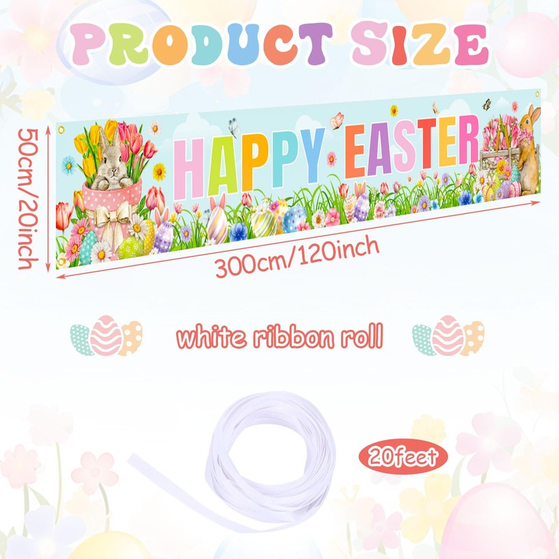 JUNEBRUSHS Happy Easter Banners for Outside, Large Long Spring Bunnies