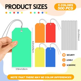 Pinkunn 500 Pack Plastic Shipping Tags with Wires 6.3 x 3.15 inch Waterproof Hang Tags Heavy Duty Label Tags with String Blank Tags for Name Price Luggage Clothing Inventory Luggage Bag(Bright Color)