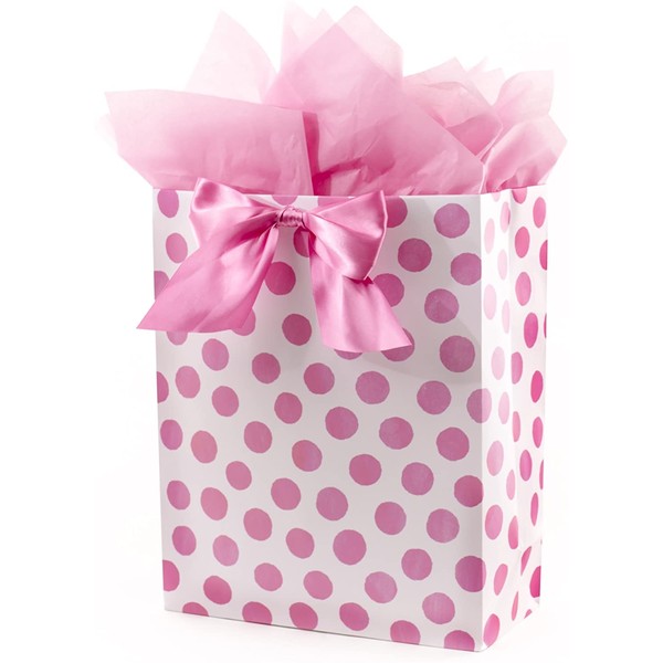 Hallmark 15" Extra Large Gift Bag with Tissue Paper (Pink Polka Dots and Bow) for Birthdays, Easter, Baby Showers, Bridal Showers, Any Occasion