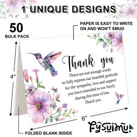 FYSUIMU 50Pcs Funeral Thank You Cards Boxed Purple Floral Hummingbird Sympathy Card with Envelope Sticker Bereavement Cards for Memorial Service Loved Ones Celebration of Life