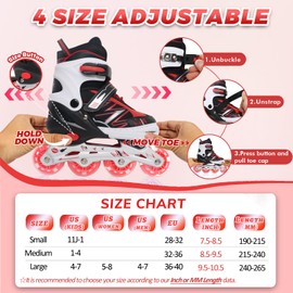 LEJIJIT Adjustable Kids Inline Skates for Girls Boys Children Beginners, Black & Red Inline Skates with Light Up Wheels for Kids and Youth for Indoor Outdoor Sports (Large)