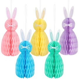 CKCSHI 5Pcs Easter Hanging Decorations, Hanging Easter Bunny Honeycomb, Bunny Rabbit Honeycomb Pendant Decoration, 3D Bunny Honeycomb Hanging for Indoor and Outdoors Festivities Party Supplies