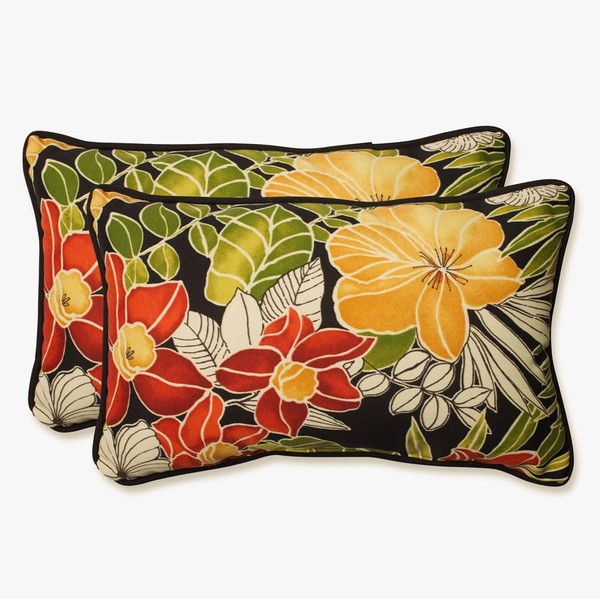 Pillow Perfect Tropic Floral Indoor/Outdoor Accent Throw Pillow, Plush Fill, Weather, and Fade Resistant, Lumbar - 11.5" x 18.5" , Black/Green Clemens, 2 Count