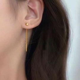 Yheakne Vintage Tassel Chain Threader Earrings Ball Ear Threader Earrings Gold Bar Tassel Drop Earrings Bar Threader Chain Earrings Jewelry for Women (Gold)
