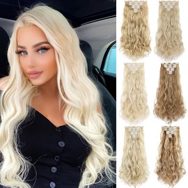 Yekartary Women Hair Extensions Clip-ins 7PCS Seamless Invisible Long Wavy Curly Synthetic Hairpieces 24 Inch Ash Blonde Mix Bleach Blonde
