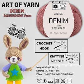 Art of Yarn Denim 55% Cotton, 45% Poliacrylic, 50g(1.76 Oz), 160m(174 Yds) Soft & Smooth Yarn Sport – Fine(2) for Crocheting, Knitting, Amigurumi, Baby Blankets, Baby Garments & More –1 Skein 99965