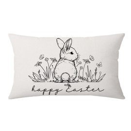 AOFANGGO Easter Pillow Cover 12X20 Inch Sketch Bunny Flowers Decorations Happy Easter Holiday Farmhouse Decorative Spring Pillow Case for Home Sofa Couch