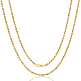 AKA Gioielli® - Cord Chain 3 mm 18K Gold Plated 925 Silver - Men's Women's Necklace Lengths: 45 50 55 60 cm, Gold Sterling Silver, No Gemstone