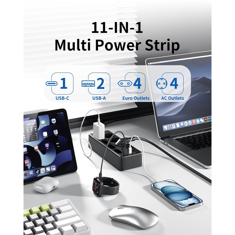 8-Way Power Strip with Surge Protection and 2 m Cable