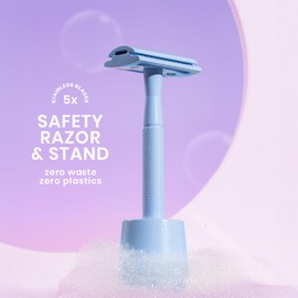 Ultra-Minimal Safety Razor – Light Blue - Reusable, Zero Waste - Premium Soild Metal Handle, INCLUDES: Stand & 5x Platinum Blades