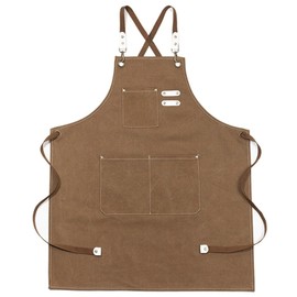 Shunshi Canvas Aprons, Work Aprons for Men Women, Cross-Back Chef Black Apron with Adjustable Strap and 3 Pockets, for Shop Garden Restaurant Bar Cafes Kitchen Cooking Baking Painting(Brown)