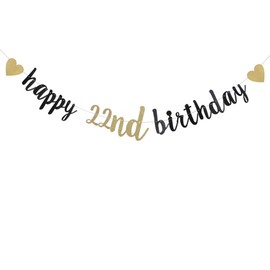 DONGYLJL Black and Gold Glitter Banner，22nd Birthday Decoration，Pre-Strung， Banner for Birthday Party Decorations Supplies，happy 22nd birthday