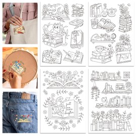 GLOBLELAND 4 Sheets 11.7x8.3" Books Water Soluble Embroidery Stabilizer Flowers Cats Hand Sewing Stabilizers Self Adhesive Washable Embroidery Stabilizer for Beginners