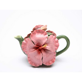 Fine Porcelain Pink Hibiscus Flower Teapot, 6 3/4" L