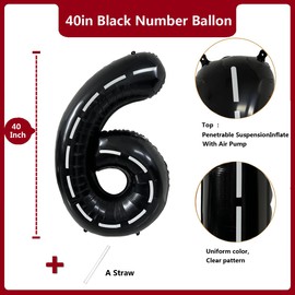 40 Inch Race Car Black Number Balloons Race Car Birthday Party Balloons Large Black Number 6 Balloons Boys 6th Birthday Party Race Car Theme Party Decorations Supplies（Digital 6）