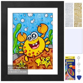 MULCHUM 8.5x11'' Kids Art Frames with Sketch Book Colored Pencils Letter Stickers Black Artwork Frame Changeable Picture Display for Drawings Storage Children Projects Schoolwork 3D Picture Crafts A4