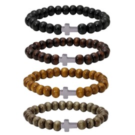 Eigso 4 Pcs 8MM Wood Beads Bracelets for Women Men Hematite Cross Meditation Wristlet Group for Woman Man