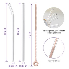 YOTIME 6-Pack Reusable Glass Straws Set, 8.5''x10MM, Set of 3 Straight and 3 Bent with 1 Silicone Cleaning Brush, Perfect for Smoothies, Juice, Milkshake and Coffee (Clear Straws, Pink Brush)