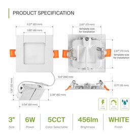 ASD 6 Pack LED Square Recessed Lighting 3 Inch, 5 CCT 2700K-5000K CRI90+, 6W 30W Eqv, Ultra Thin Dimmable Ceiling Lights with J Box, Canless Wafer Downlight, Slim Panel Light, UL Energy Star, White