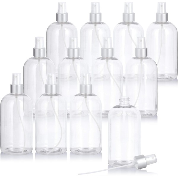 JUVITUS 16 oz Clear Plastic PET Boston Round Bottle with Silver Fine Mist Spray (12 pack)