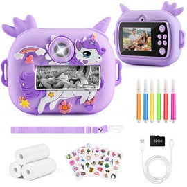 Euakee Children's Camera Instant Camera 48MP 2.4 Inch Instant Camera Children with 32G Card & 3 Rolls Printer Paper, Digital Camera Children with 5 Coloured Pens, Gifts for Boys Girls 3-12 Years