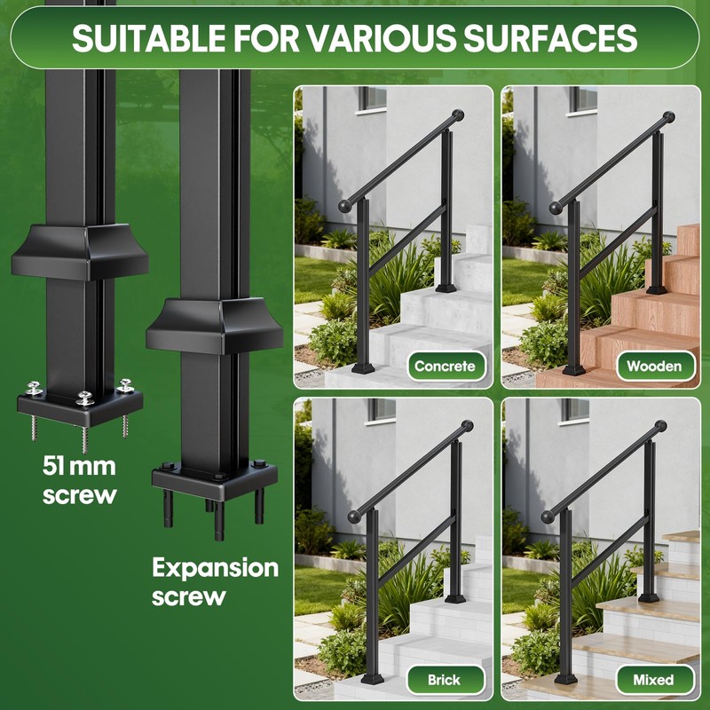 ORWOD 3-Step Outdoor Stair Railing, Adjustable Handrails for Outdoor Steps