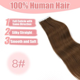 Vlasy Tape in Hair Extensions Human Hair 16 Pcs Copper Brown Invisible Straight Seamless Skin Weft Mini Tape Extensions Real Human Hair 8# 20 Inch