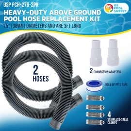 U.S. Pool Supply 1.5" Heavy-Duty Above Ground Pool Hose Replacement Kit - 2 Silver 3 Foot Hoses, 2 Connection Adapters, 4 Clamps - Compatible with Intex Filter Pumps