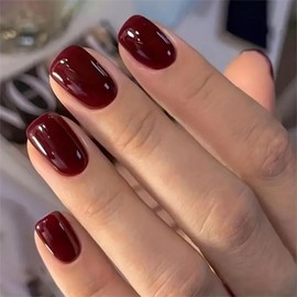 Red Press on Nails Short Square Fake Nails Wind Red Nails Press ons Artificial Acrylic Nails Short False Nails Glossy Full Cover Stick on Nails Glue on Nails for DIY Nail Art for Women 24Pcs