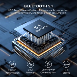 HTC True Wireless Earbuds 1 Bluetooth 5.1 with USB-C Charging Case, 32-Hour Playtime, Built-in Microphone with ENC, Touch Control Wireless Earbuds