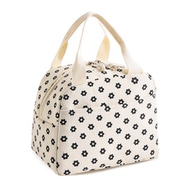 Lisianthus Lunch Bag for Women, Cute Corduroy Reusable Lunch Box for Work Picnic or Travel Flower-beige