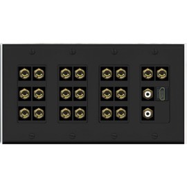 RiteAV 10.2 Surround Sound 10 Speaker 20 Banana Plug Jack Wall Plate w/2 RCA Subwoofer + HDMI Female Connectors - 4 Gang [Black]