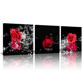 NAN Wind 3 Pcs Modern Canvas Painting Black and White Red Rose Canvas Art Rose and Water Drops Wall Art Flower Picture on Canvas for Home Decor Giclee Framed Artwork for Wall